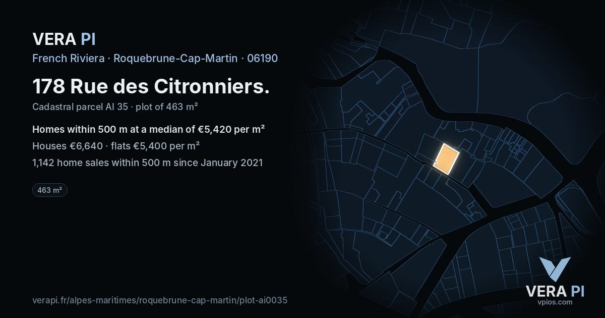 178 Rue des Citronniers, Roquebrune-Cap-Martin at night – the plot lit, the parcels around coloured by the prices near them