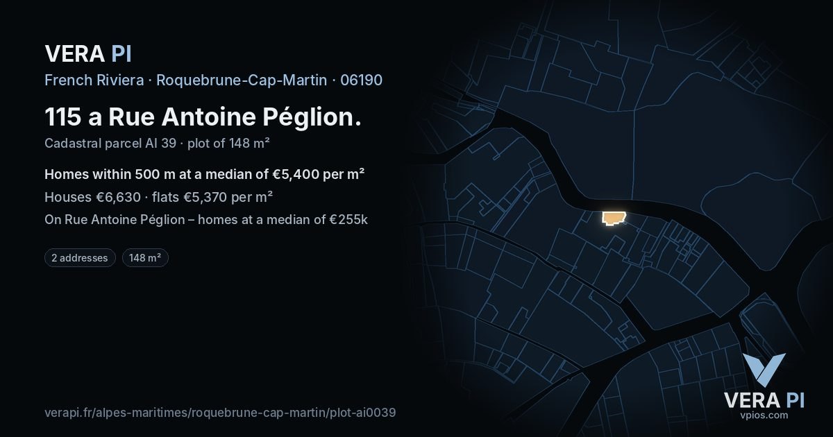 115 a Rue Antoine Péglion, Roquebrune-Cap-Martin at night – the plot lit, the parcels around coloured by the prices near them