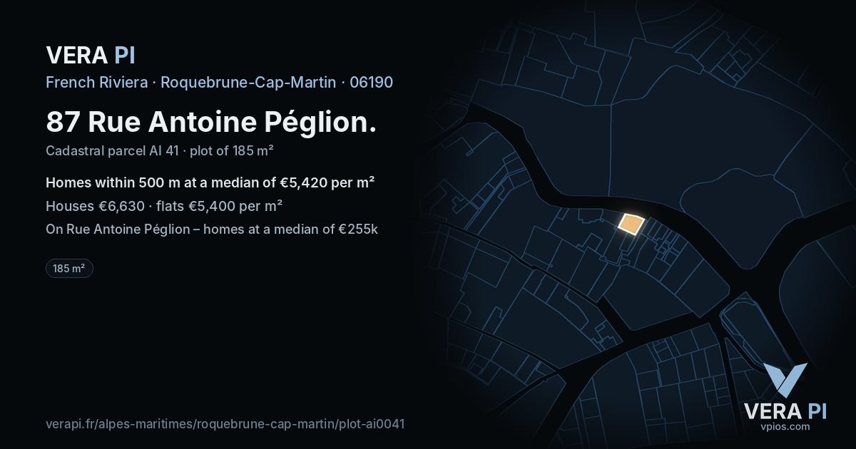 87 Rue Antoine Péglion, Roquebrune-Cap-Martin at night – the plot lit, the parcels around coloured by the prices near them