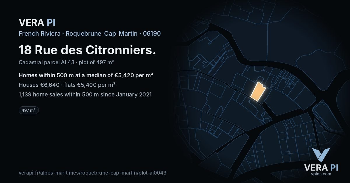 18 Rue des Citronniers, Roquebrune-Cap-Martin at night – the plot lit, the parcels around coloured by the prices near them