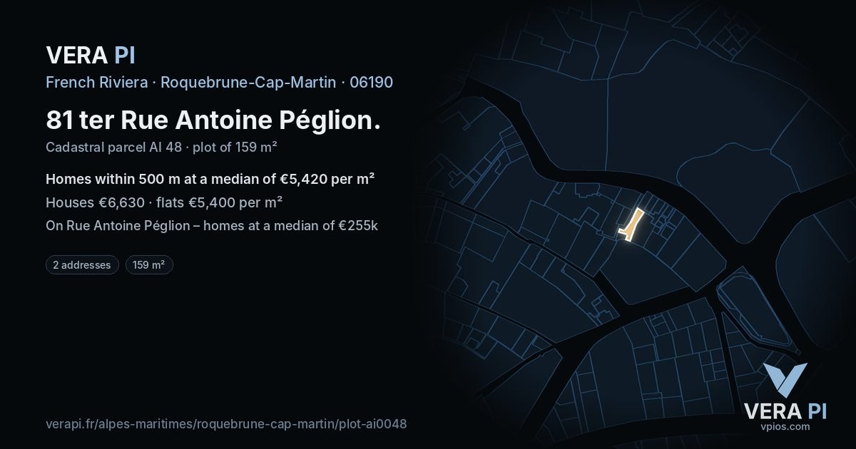 81 ter Rue Antoine Péglion, Roquebrune-Cap-Martin at night – the plot lit, the parcels around coloured by the prices near them