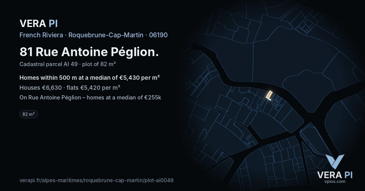 81 Rue Antoine Péglion, Roquebrune-Cap-Martin at night – the plot lit, the parcels around coloured by the prices near them