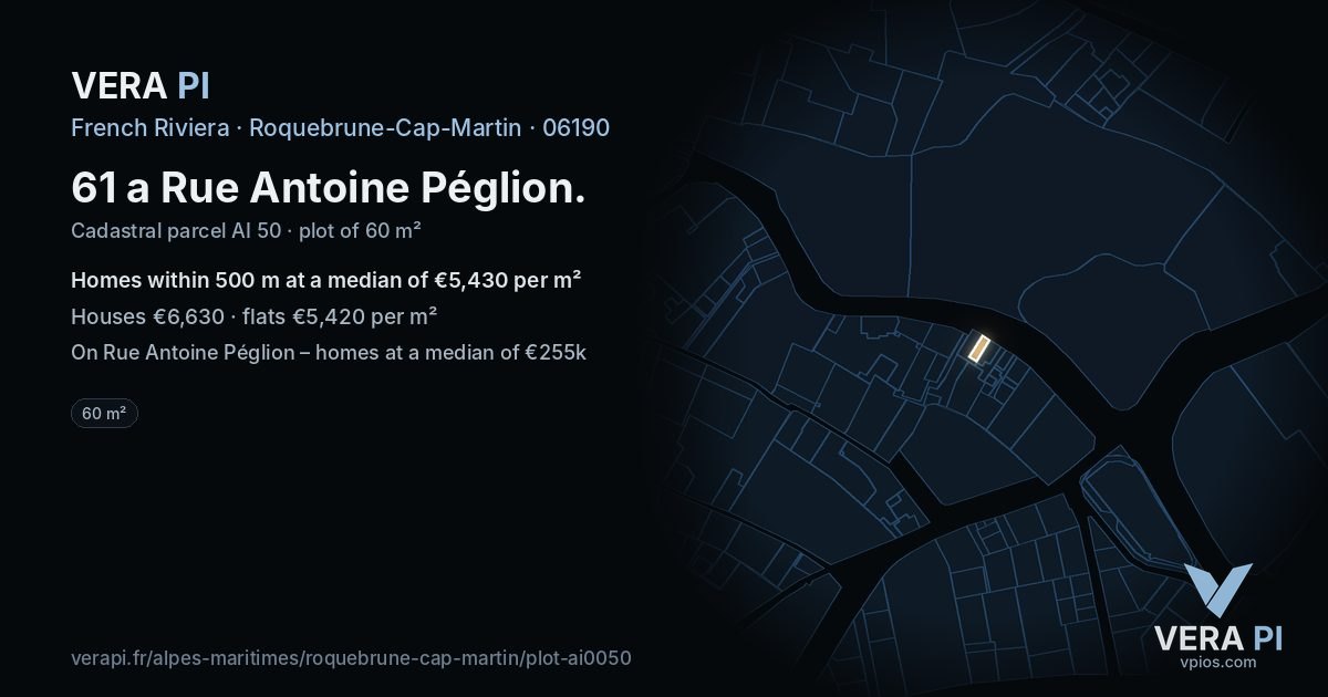 61 a Rue Antoine Péglion, Roquebrune-Cap-Martin at night – the plot lit, the parcels around coloured by the prices near them