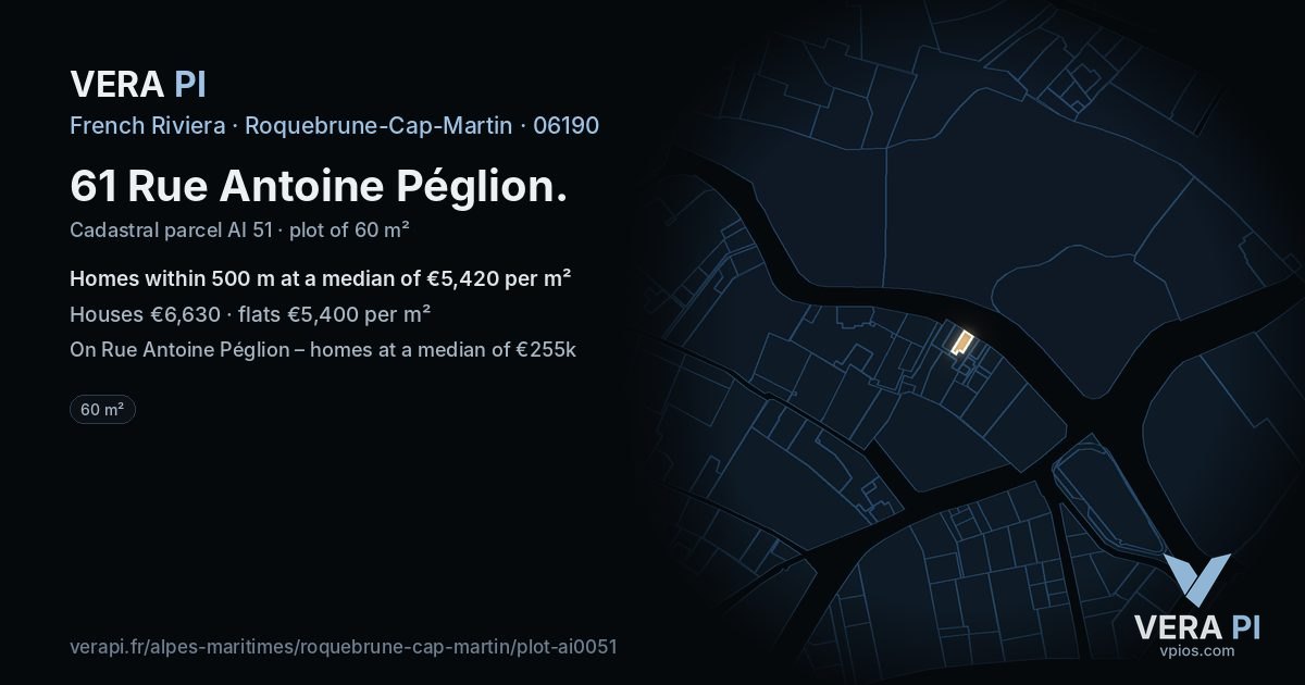 61 Rue Antoine Péglion, Roquebrune-Cap-Martin at night – the plot lit, the parcels around coloured by the prices near them