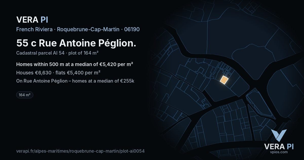 55 c Rue Antoine Péglion, Roquebrune-Cap-Martin at night – the plot lit, the parcels around coloured by the prices near them