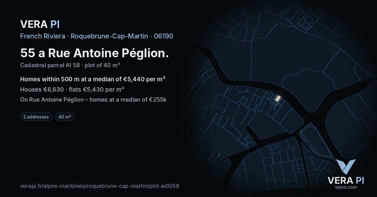 55 a Rue Antoine Péglion, Roquebrune-Cap-Martin at night – the plot lit, the parcels around coloured by the prices near them