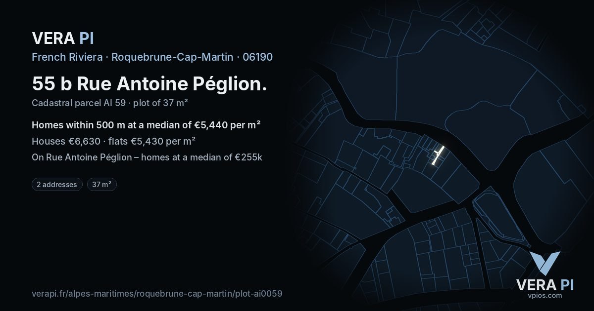 55 b Rue Antoine Péglion, Roquebrune-Cap-Martin at night – the plot lit, the parcels around coloured by the prices near them