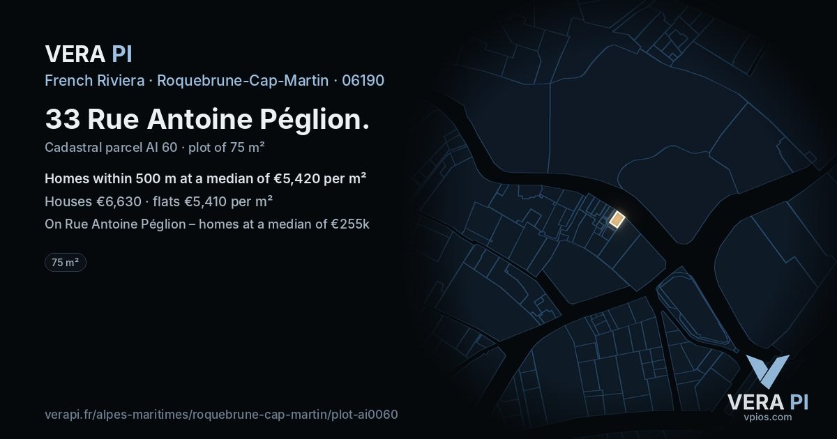 33 Rue Antoine Péglion, Roquebrune-Cap-Martin at night – the plot lit, the parcels around coloured by the prices near them