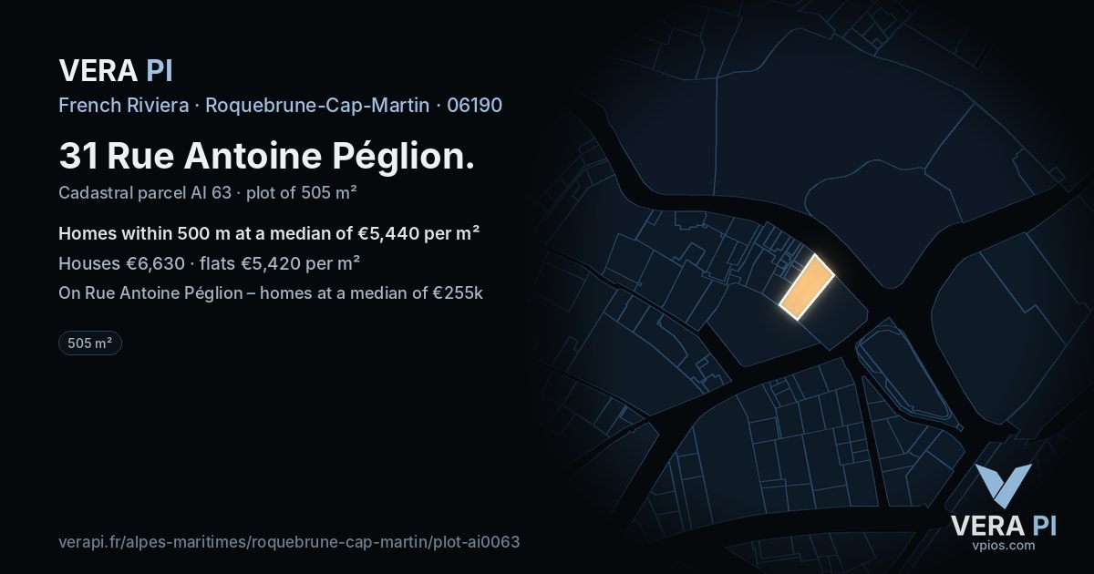 31 Rue Antoine Péglion, Roquebrune-Cap-Martin at night – the plot lit, the parcels around coloured by the prices near them