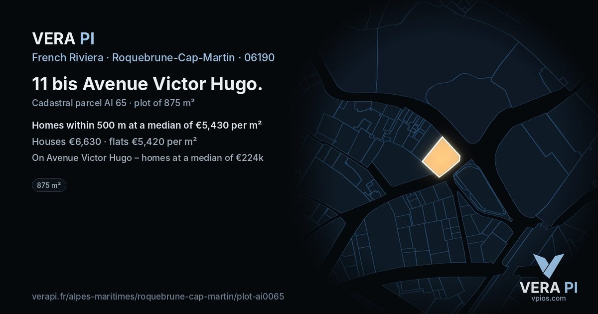 11 bis Avenue Victor Hugo, Roquebrune-Cap-Martin at night – the plot lit, the parcels around coloured by the prices near them