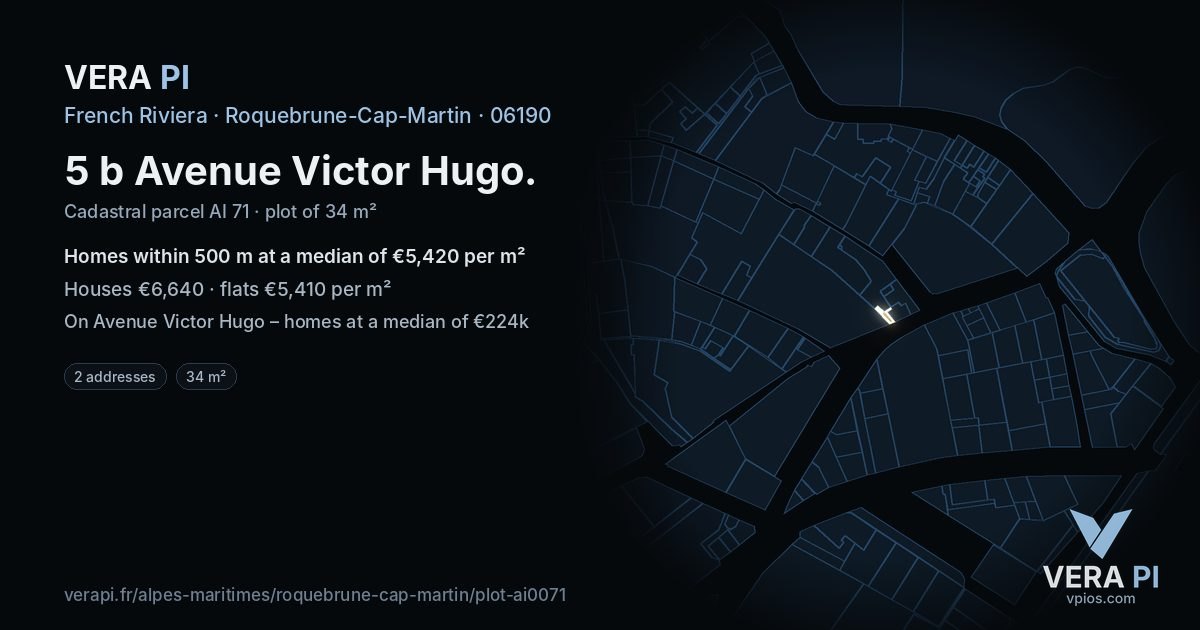 5 b Avenue Victor Hugo, Roquebrune-Cap-Martin at night – the plot lit, the parcels around coloured by the prices near them