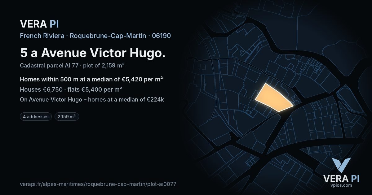 5 a Avenue Victor Hugo, Roquebrune-Cap-Martin at night – the plot lit, the parcels around coloured by the prices near them