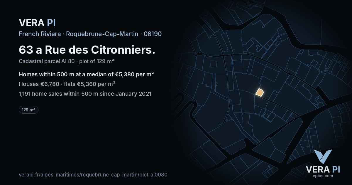 63 a Rue des Citronniers, Roquebrune-Cap-Martin at night – the plot lit, the parcels around coloured by the prices near them