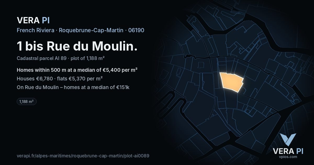1 bis Rue du Moulin, Roquebrune-Cap-Martin at night – the plot lit, the parcels around coloured by the prices near them
