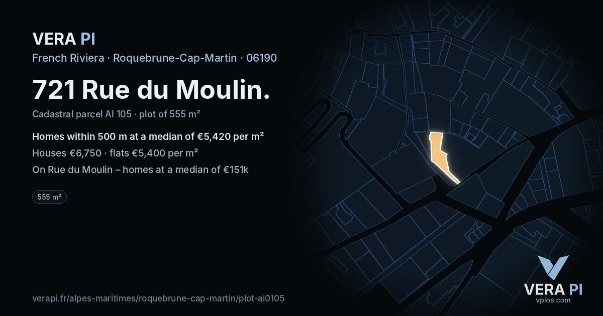 721 Rue du Moulin, Roquebrune-Cap-Martin at night – the plot lit, the parcels around coloured by the prices near them