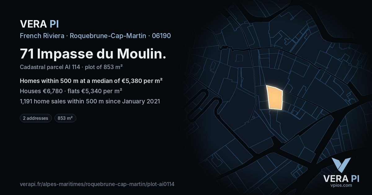 71 Impasse du Moulin, Roquebrune-Cap-Martin at night – the plot lit, the parcels around coloured by the prices near them