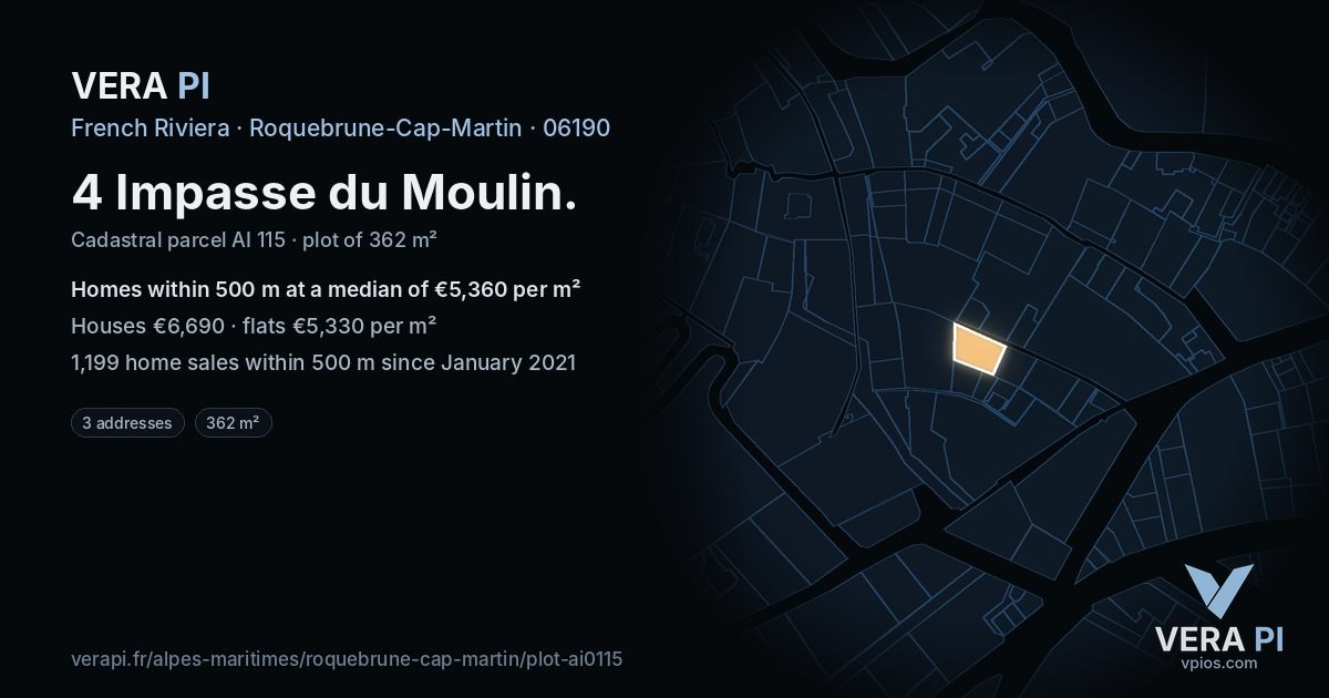 4 Impasse du Moulin, Roquebrune-Cap-Martin at night – the plot lit, the parcels around coloured by the prices near them