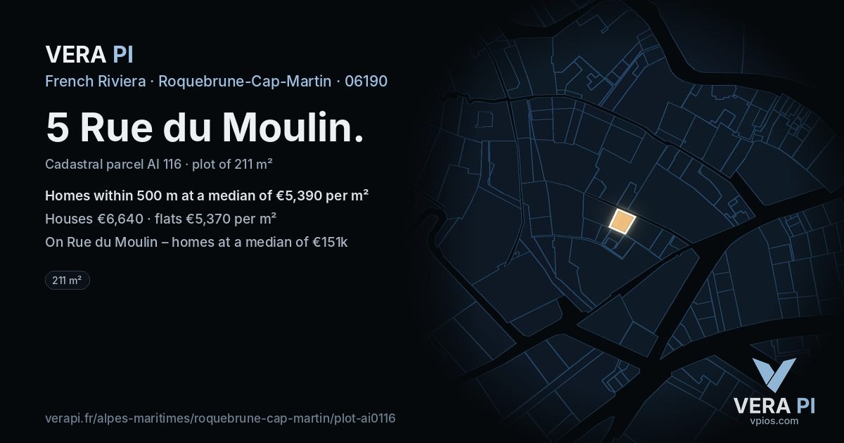 5 Rue du Moulin, Roquebrune-Cap-Martin at night – the plot lit, the parcels around coloured by the prices near them