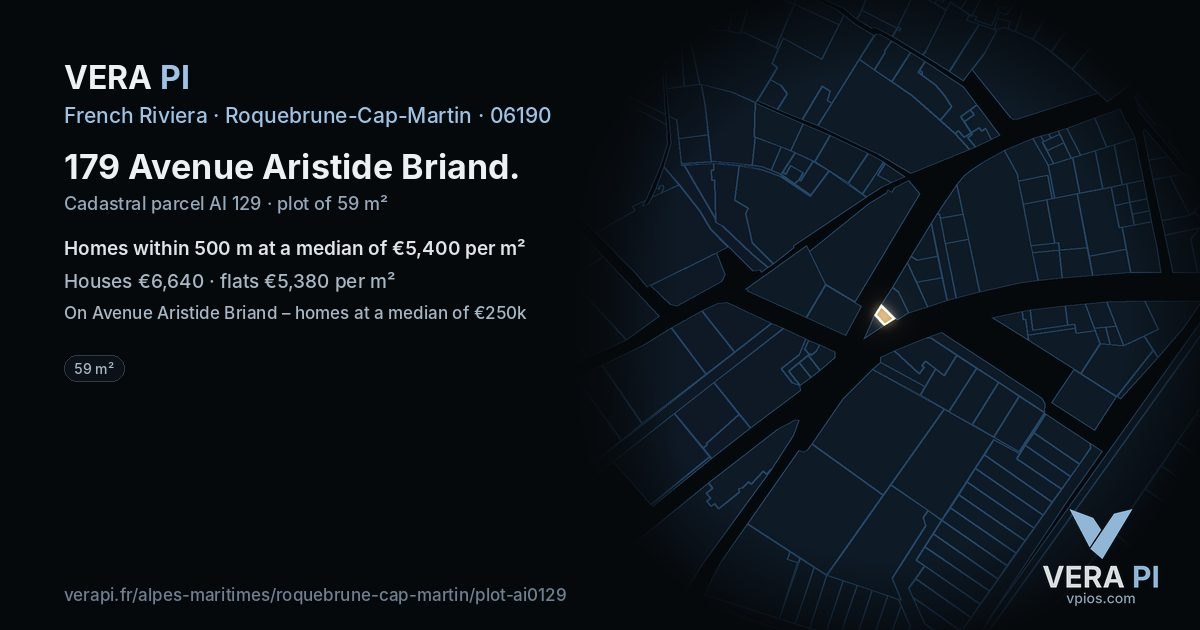 179 Avenue Aristide Briand, Roquebrune-Cap-Martin at night – the plot lit, the parcels around coloured by the prices near them
