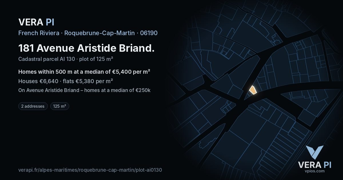 181 Avenue Aristide Briand, Roquebrune-Cap-Martin at night – the plot lit, the parcels around coloured by the prices near them