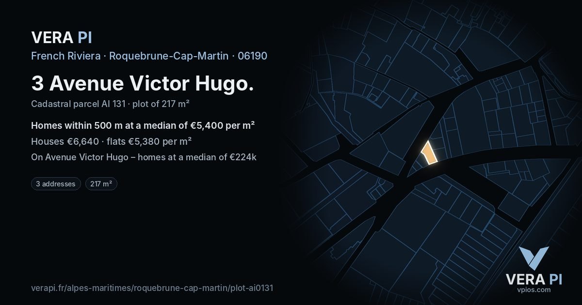 3 Avenue Victor Hugo, Roquebrune-Cap-Martin at night – the plot lit, the parcels around coloured by the prices near them