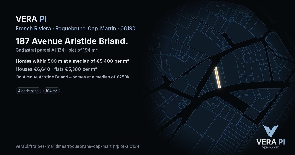 187 Avenue Aristide Briand, Roquebrune-Cap-Martin at night – the plot lit, the parcels around coloured by the prices near them