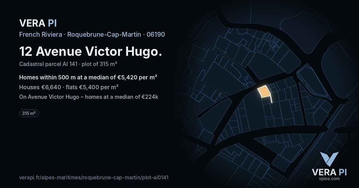 12 Avenue Victor Hugo, Roquebrune-Cap-Martin at night – the plot lit, the parcels around coloured by the prices near them