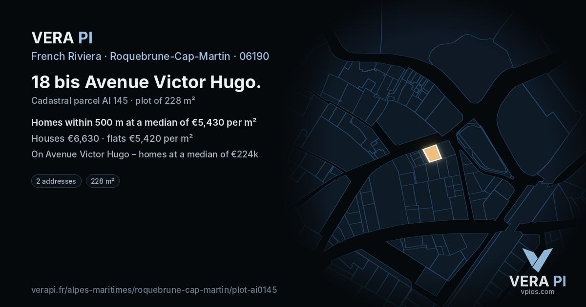 18 bis Avenue Victor Hugo, Roquebrune-Cap-Martin at night – the plot lit, the parcels around coloured by the prices near them
