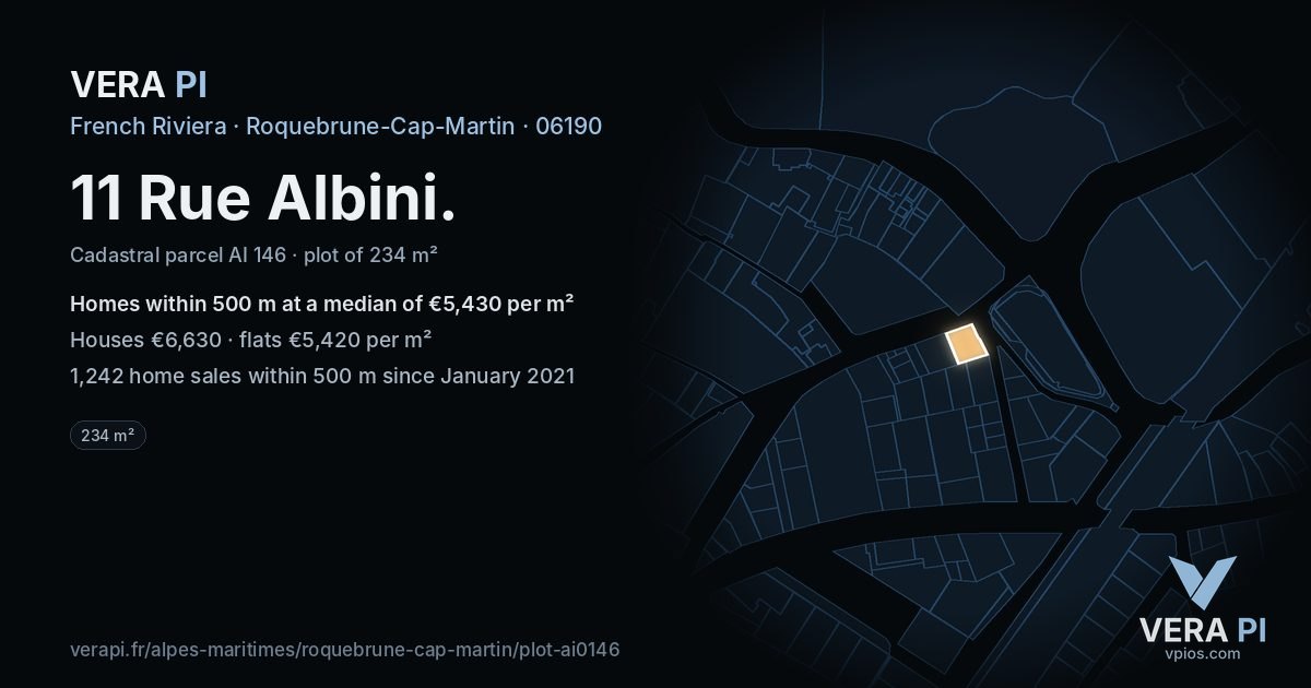 11 Rue Albini, Roquebrune-Cap-Martin at night – the plot lit, the parcels around coloured by the prices near them