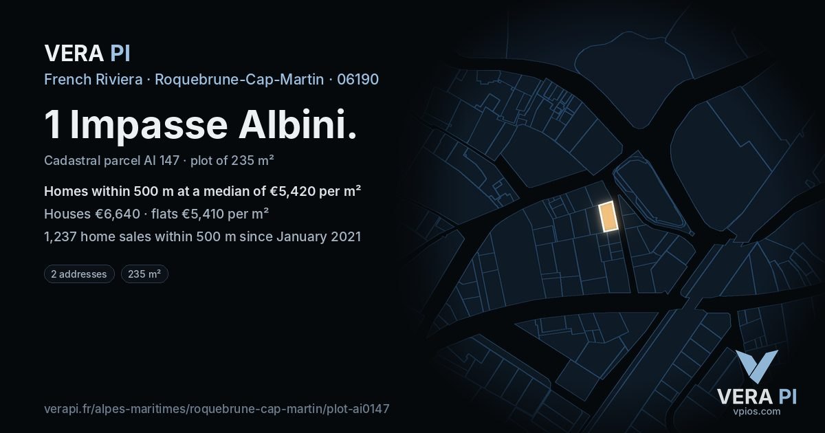 1 Impasse Albini, Roquebrune-Cap-Martin at night – the plot lit, the parcels around coloured by the prices near them