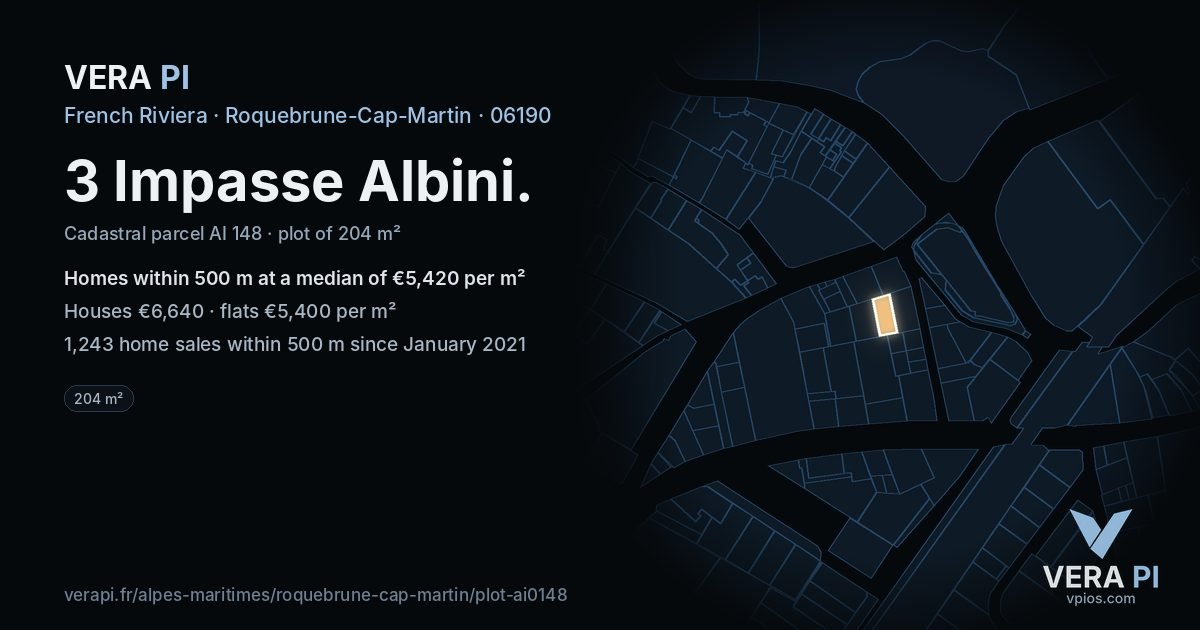 3 Impasse Albini, Roquebrune-Cap-Martin at night – the plot lit, the parcels around coloured by the prices near them