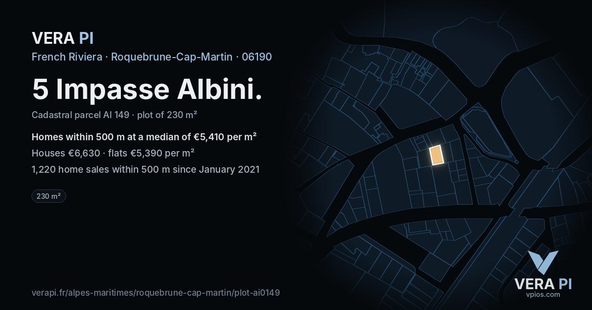 5 Impasse Albini, Roquebrune-Cap-Martin at night – the plot lit, the parcels around coloured by the prices near them