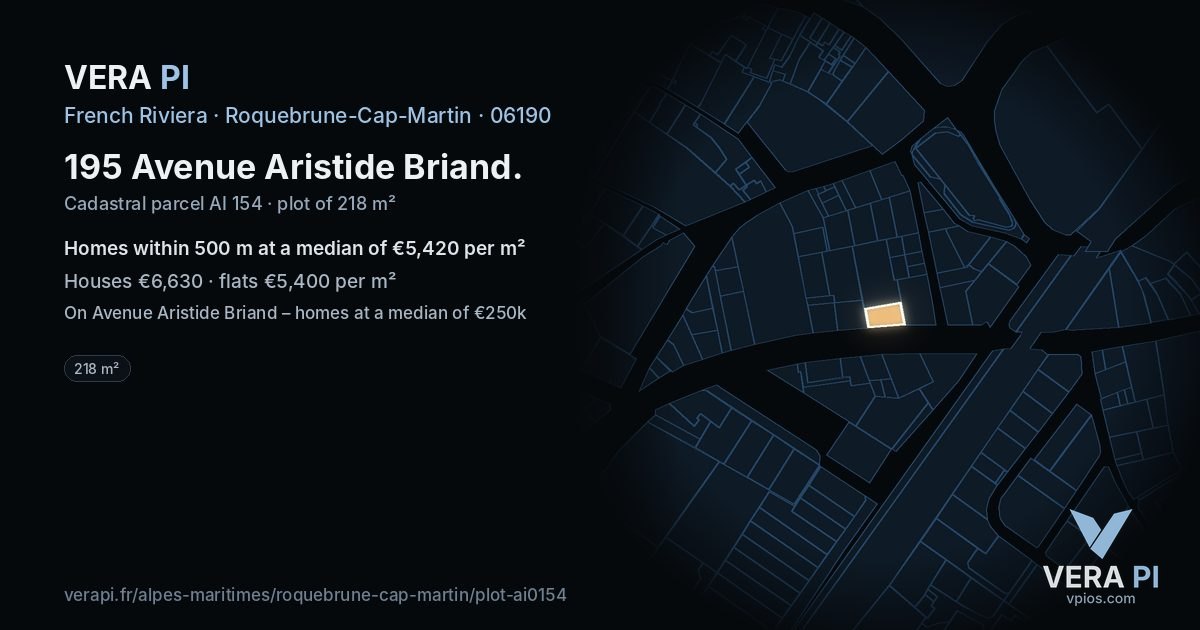 195 Avenue Aristide Briand, Roquebrune-Cap-Martin at night – the plot lit, the parcels around coloured by the prices near them