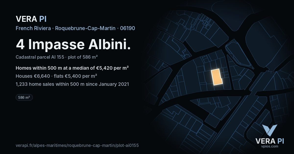4 Impasse Albini, Roquebrune-Cap-Martin at night – the plot lit, the parcels around coloured by the prices near them