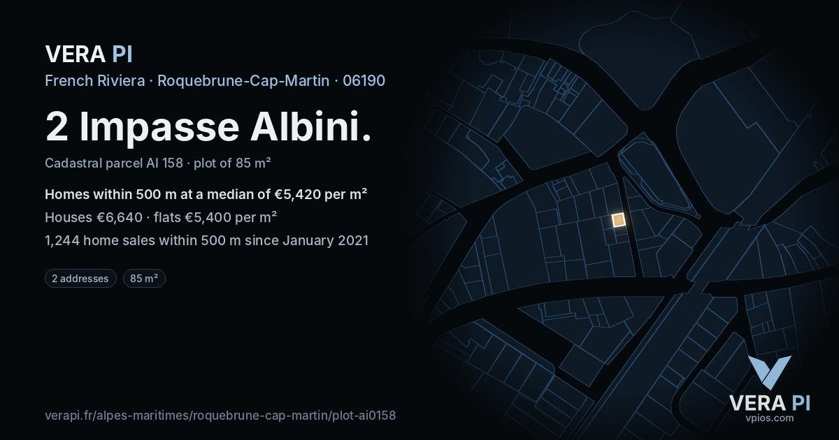 2 Impasse Albini, Roquebrune-Cap-Martin at night – the plot lit, the parcels around coloured by the prices near them