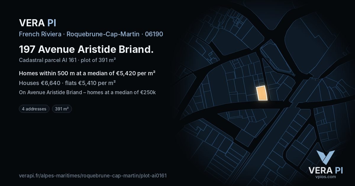 197 Avenue Aristide Briand, Roquebrune-Cap-Martin at night – the plot lit, the parcels around coloured by the prices near them