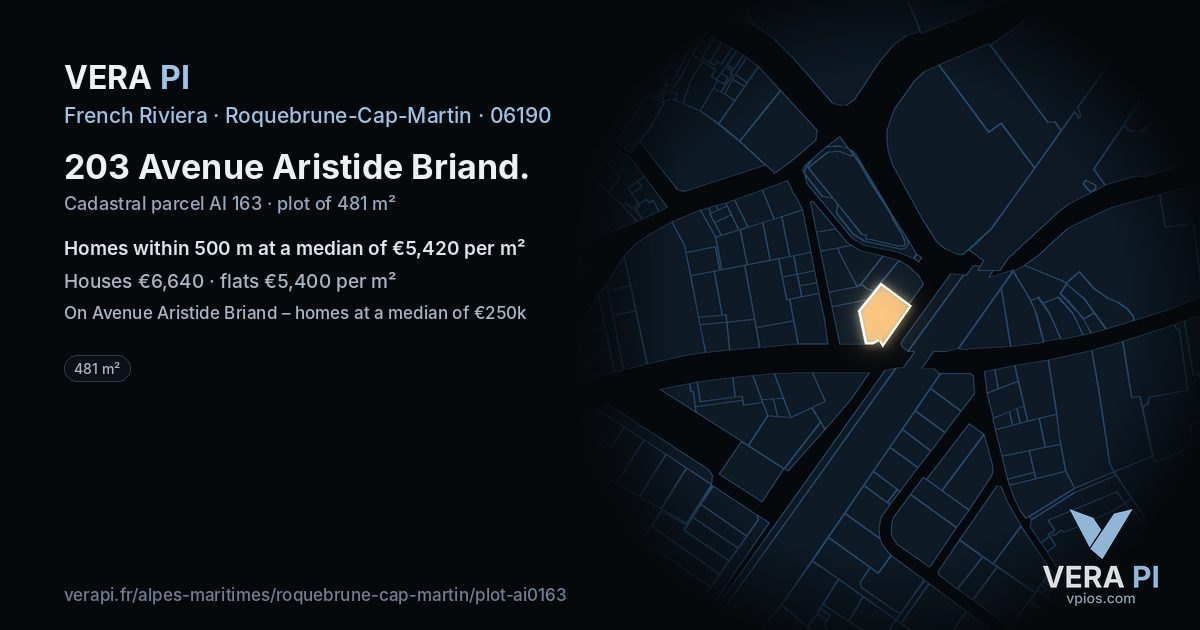 203 Avenue Aristide Briand, Roquebrune-Cap-Martin at night – the plot lit, the parcels around coloured by the prices near them