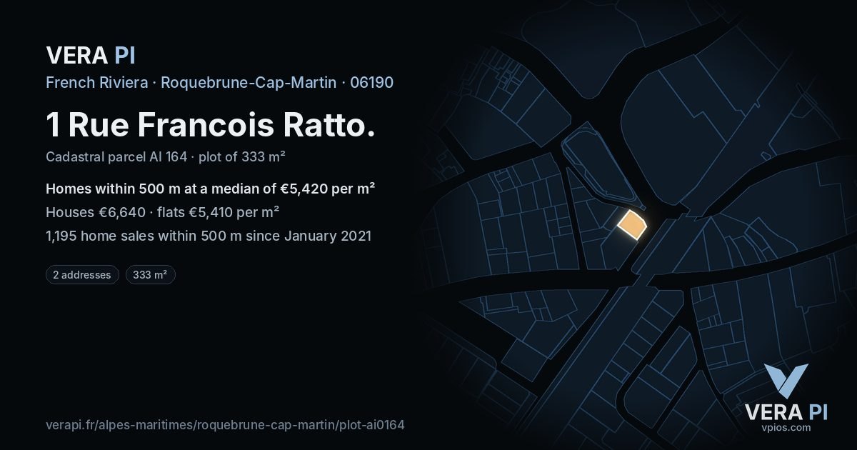 1 Rue Francois Ratto, Roquebrune-Cap-Martin at night – the plot lit, the parcels around coloured by the prices near them