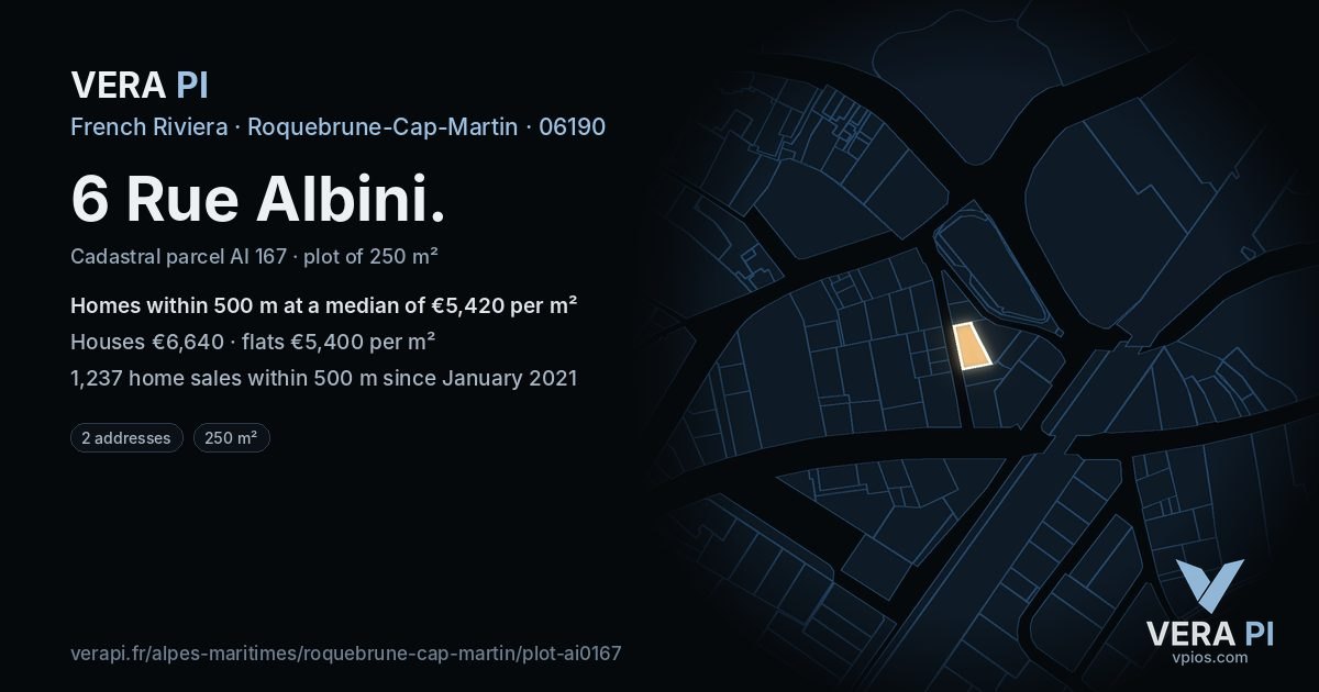 6 Rue Albini, Roquebrune-Cap-Martin at night – the plot lit, the parcels around coloured by the prices near them