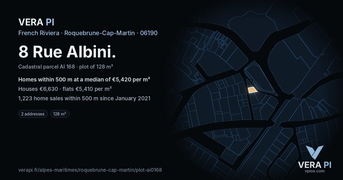 8 Rue Albini, Roquebrune-Cap-Martin at night – the plot lit, the parcels around coloured by the prices near them