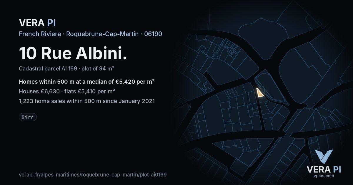 10 Rue Albini, Roquebrune-Cap-Martin at night – the plot lit, the parcels around coloured by the prices near them