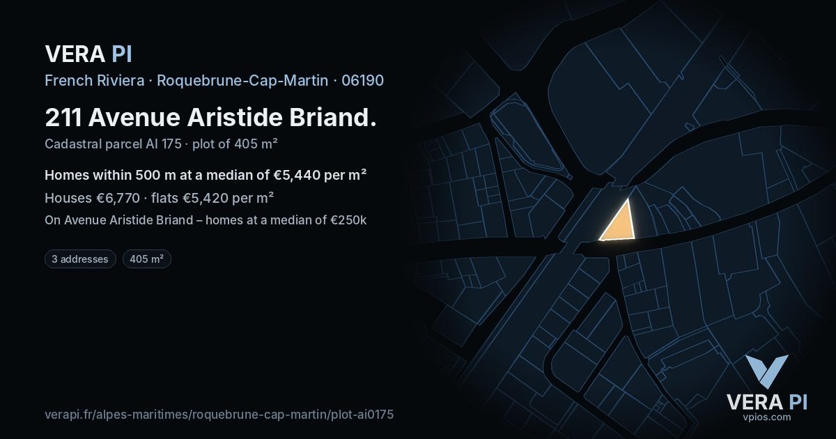 211 Avenue Aristide Briand, Roquebrune-Cap-Martin at night – the plot lit, the parcels around coloured by the prices near them