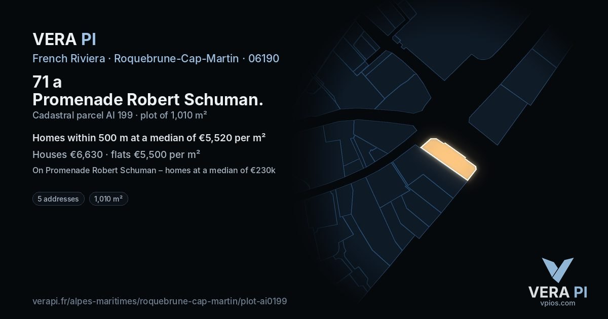 71 a Promenade Robert Schuman, Roquebrune-Cap-Martin at night – the plot lit, the parcels around coloured by the prices near them