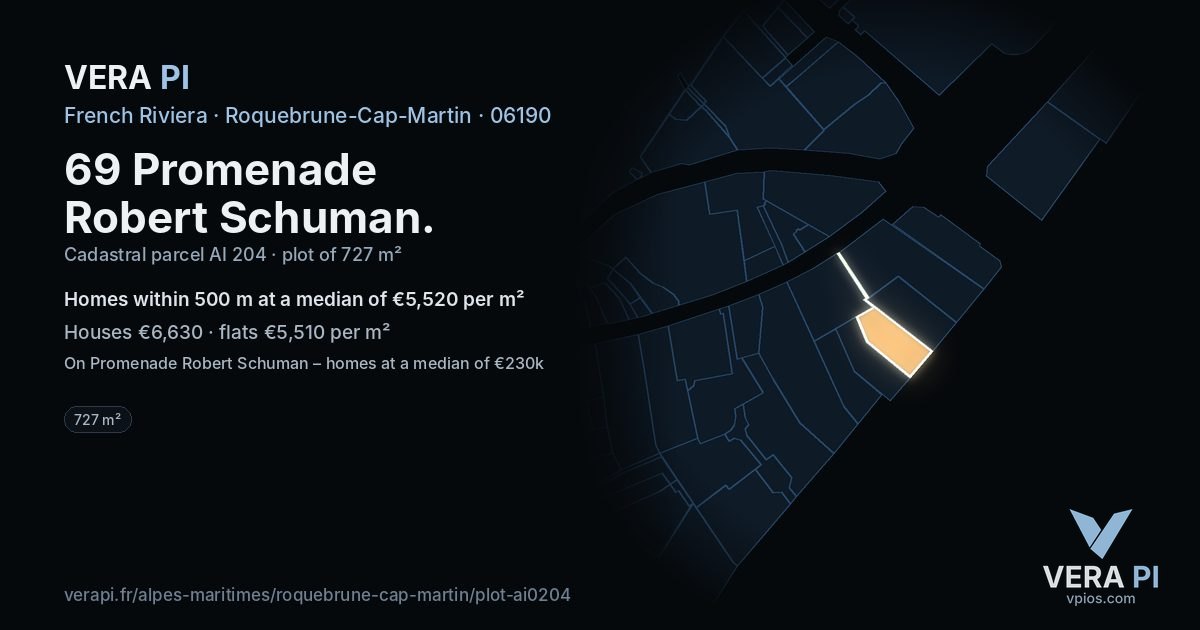 69 Promenade Robert Schuman, Roquebrune-Cap-Martin at night – the plot lit, the parcels around coloured by the prices near them