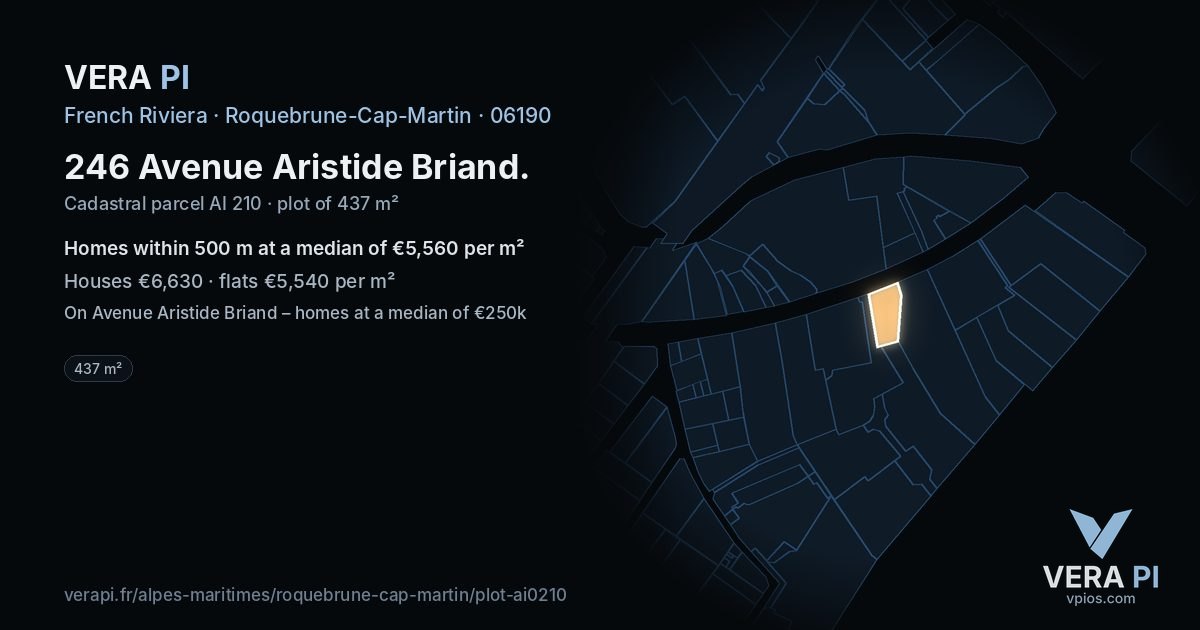 246 Avenue Aristide Briand, Roquebrune-Cap-Martin at night – the plot lit, the parcels around coloured by the prices near them