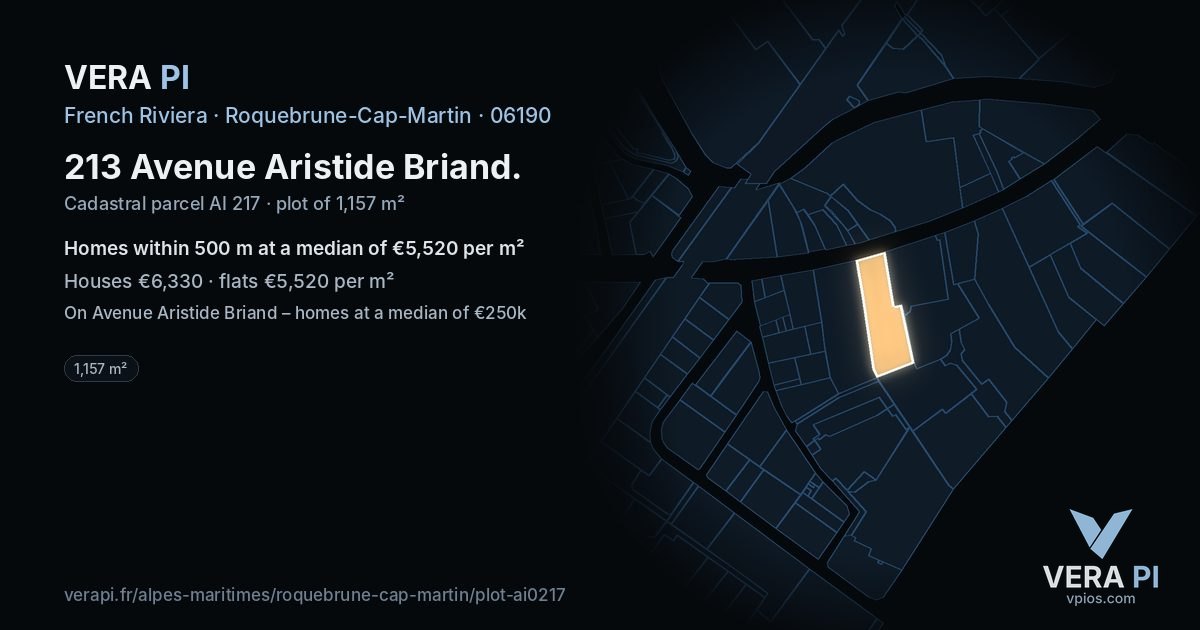 213 Avenue Aristide Briand, Roquebrune-Cap-Martin at night – the plot lit, the parcels around coloured by the prices near them