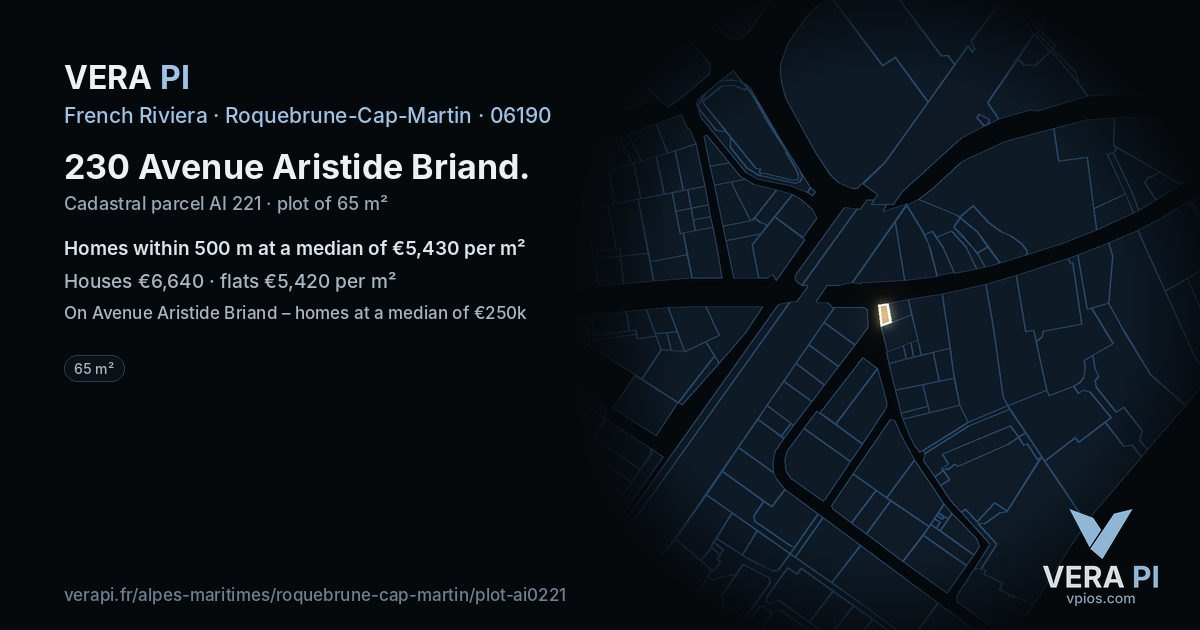 230 Avenue Aristide Briand, Roquebrune-Cap-Martin at night – the plot lit, the parcels around coloured by the prices near them