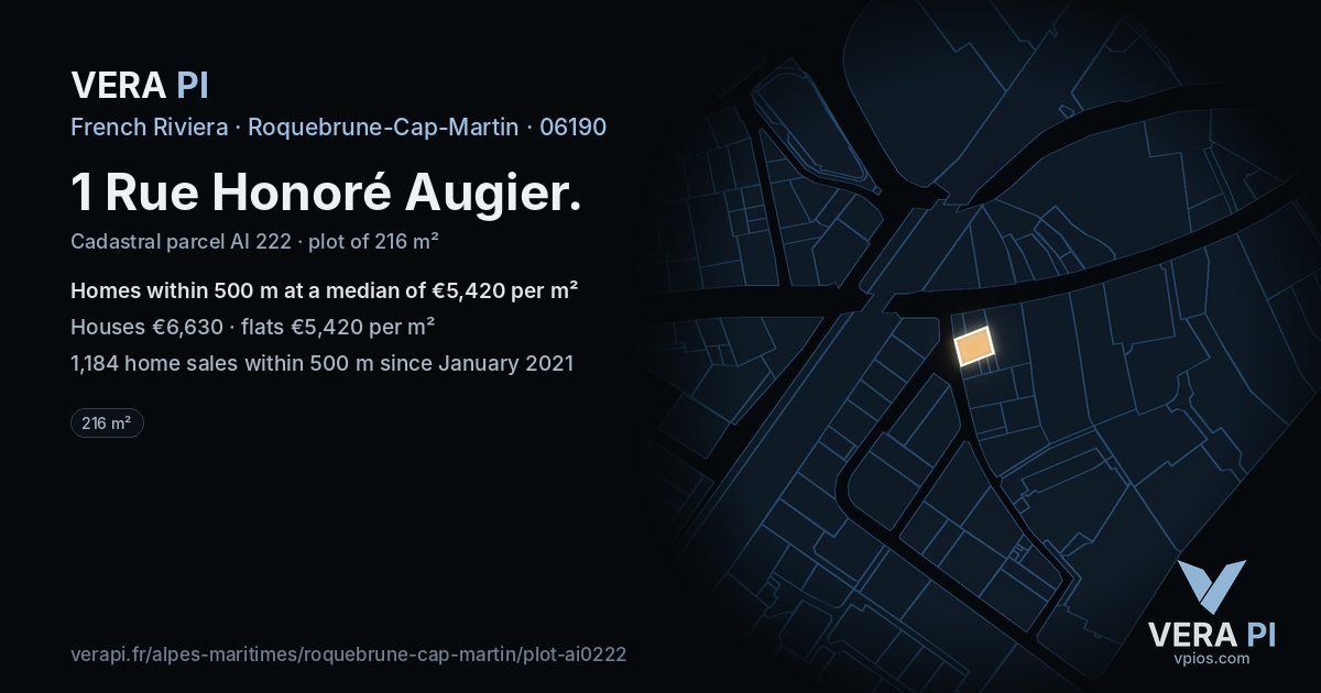 1 Rue Honoré Augier, Roquebrune-Cap-Martin at night – the plot lit, the parcels around coloured by the prices near them