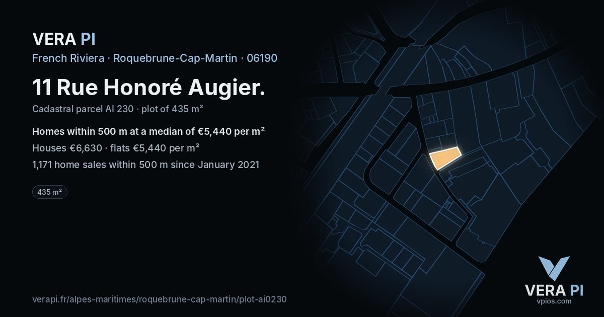 11 Rue Honoré Augier, Roquebrune-Cap-Martin at night – the plot lit, the parcels around coloured by the prices near them