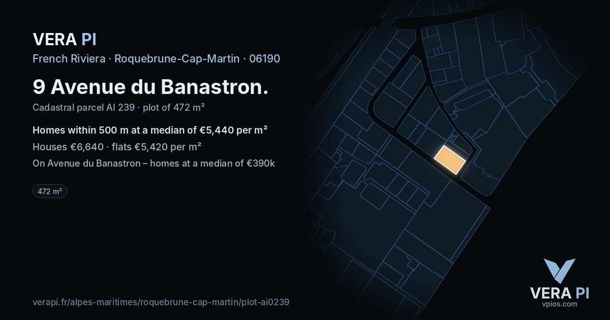 9 Avenue du Banastron, Roquebrune-Cap-Martin at night – the plot lit, the parcels around coloured by the prices near them